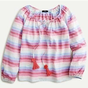 J Crew Peasant Blouse Womens Size XS Pastel Stripe Metallic Cotton Tassel Ties